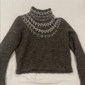Zara Dark Gray Turtleneck Sweater with Beaded Yoke
